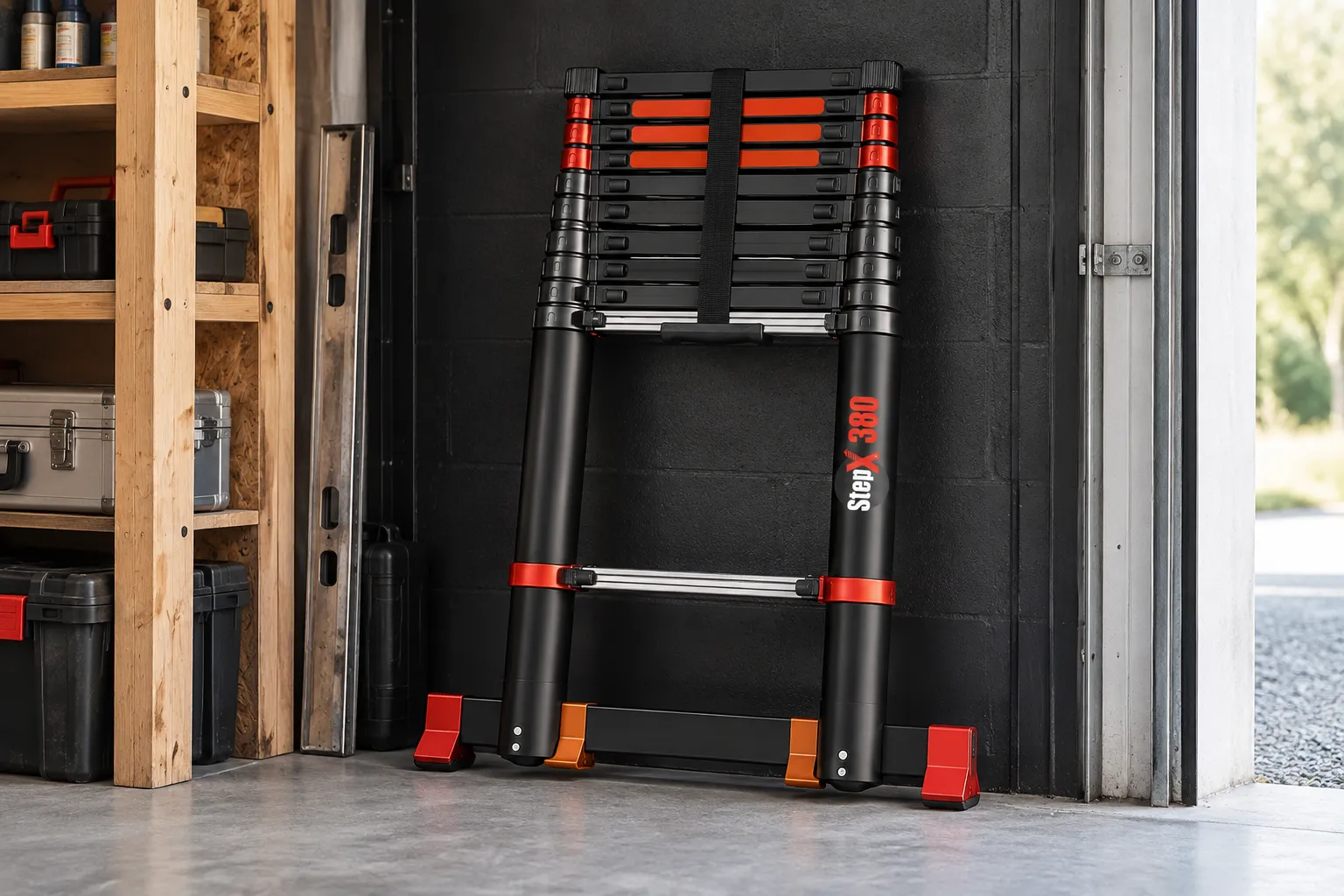 Échelle télescopique StepX rangée dans un garage