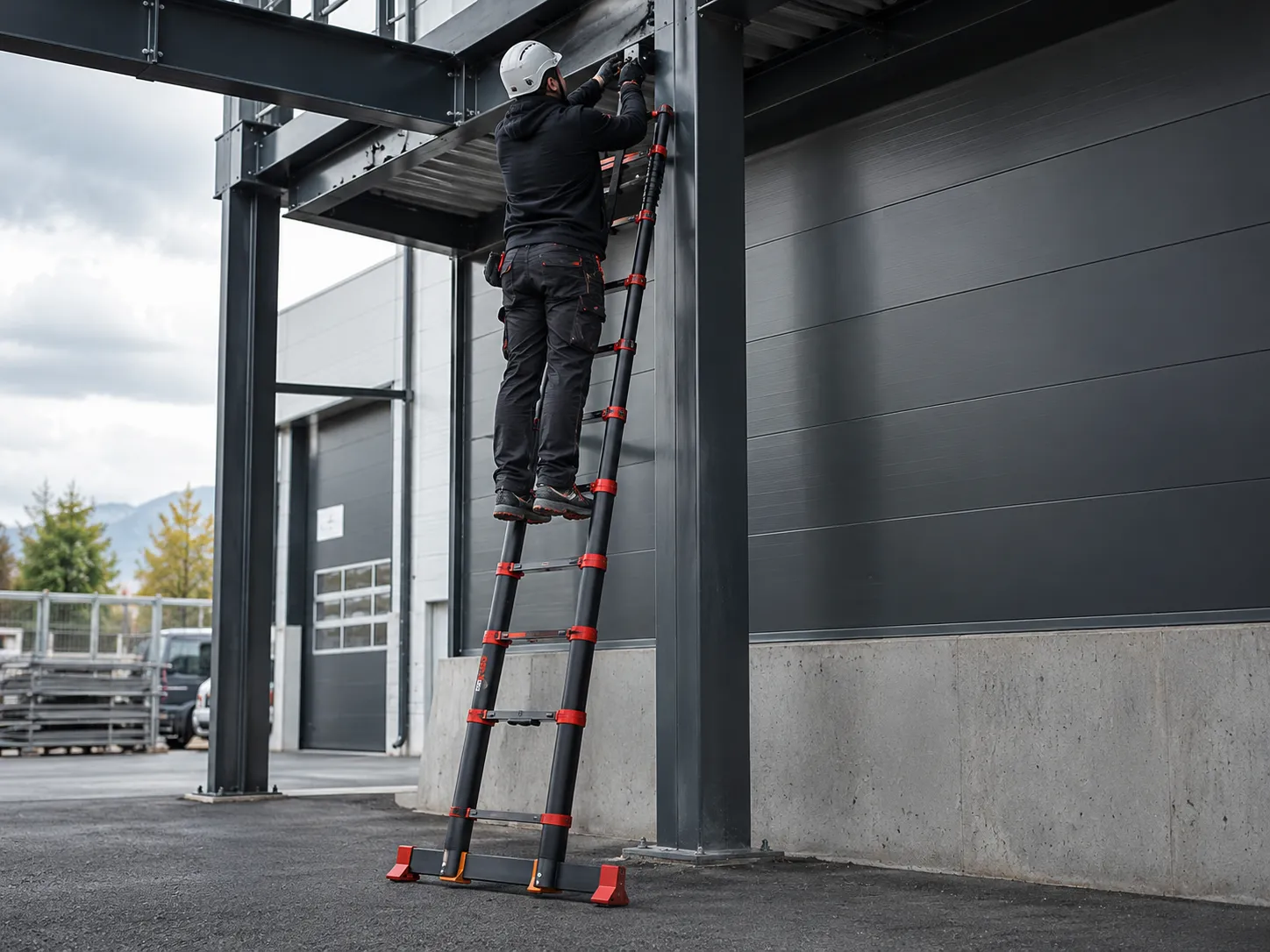 Professionnel utilisant une échelle télescopique StepX pour une opération de maintenance industrielle