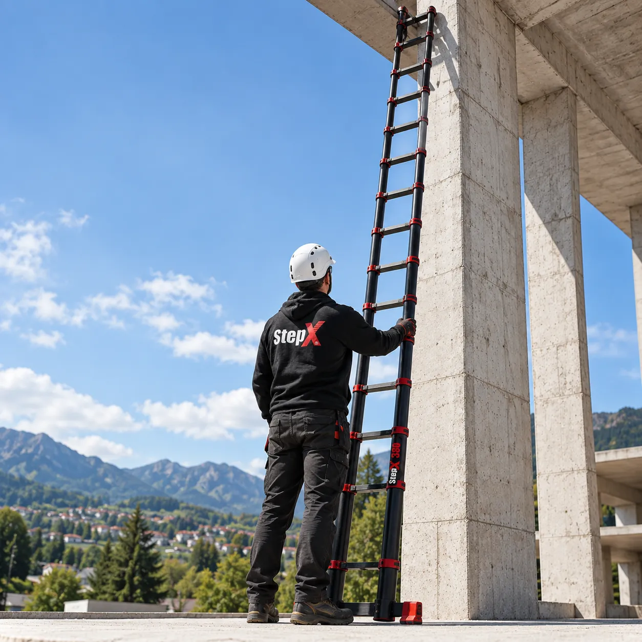 Professionnel utilisant une échelle télescopique StepX