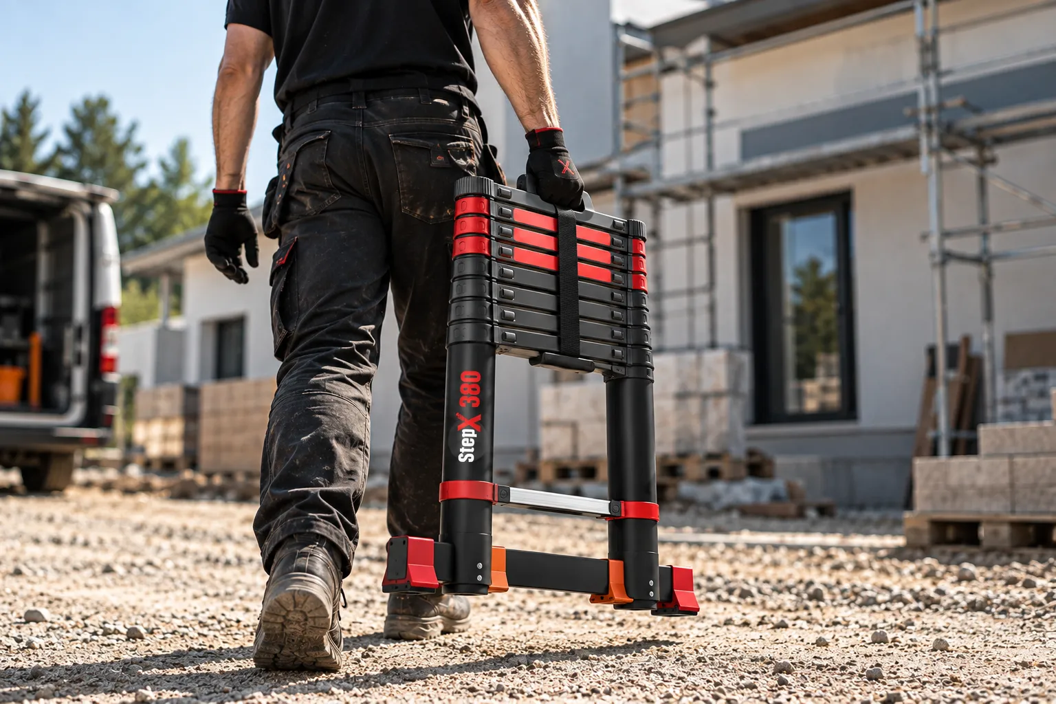 Professionnel transportant une échelle télescopique StepX sur le terrain