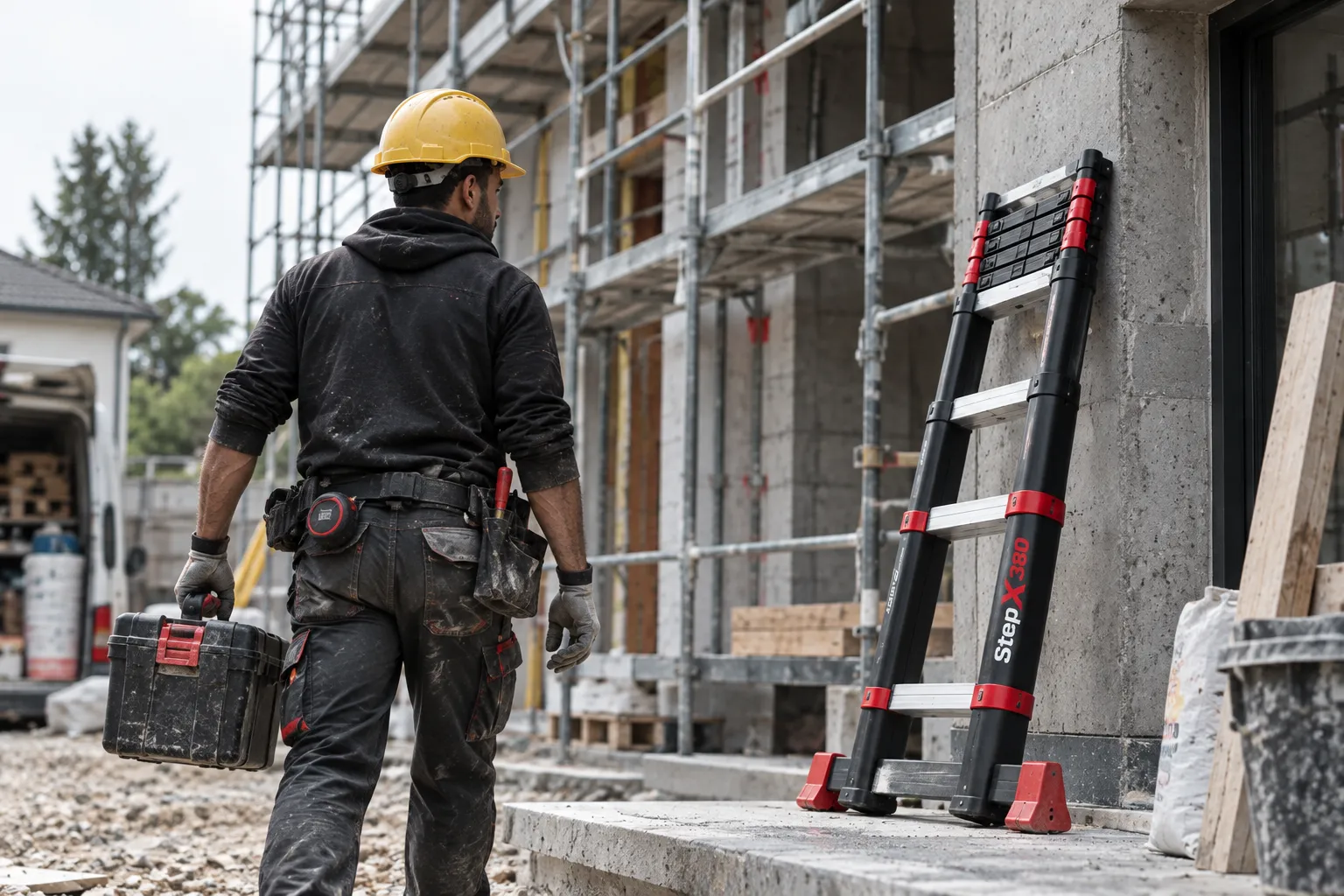 Artisan professionnel avec une échelle télescopique StepX sur un chantier