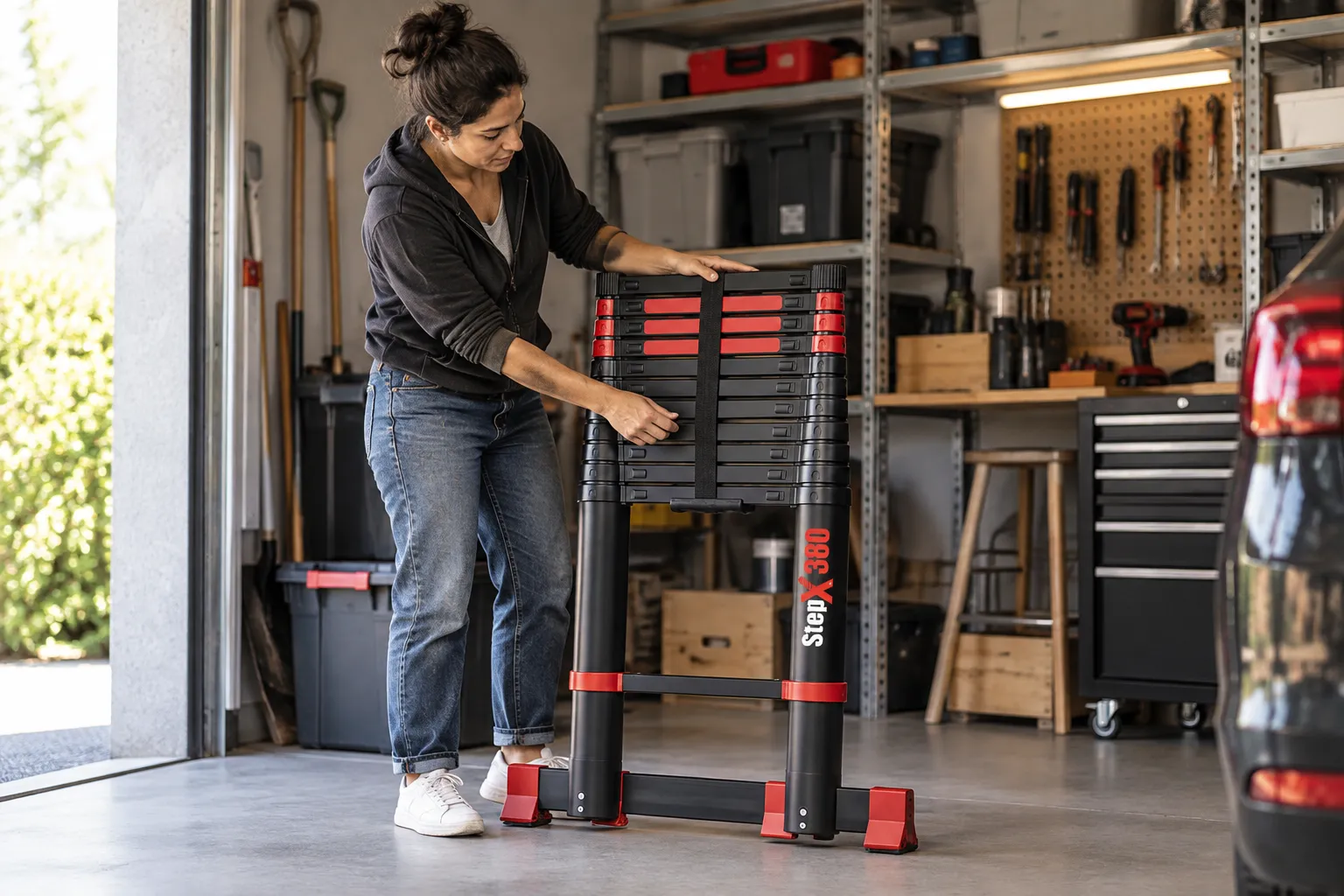 Particulier utilisant une échelle télescopique StepX pour des travaux à la maison