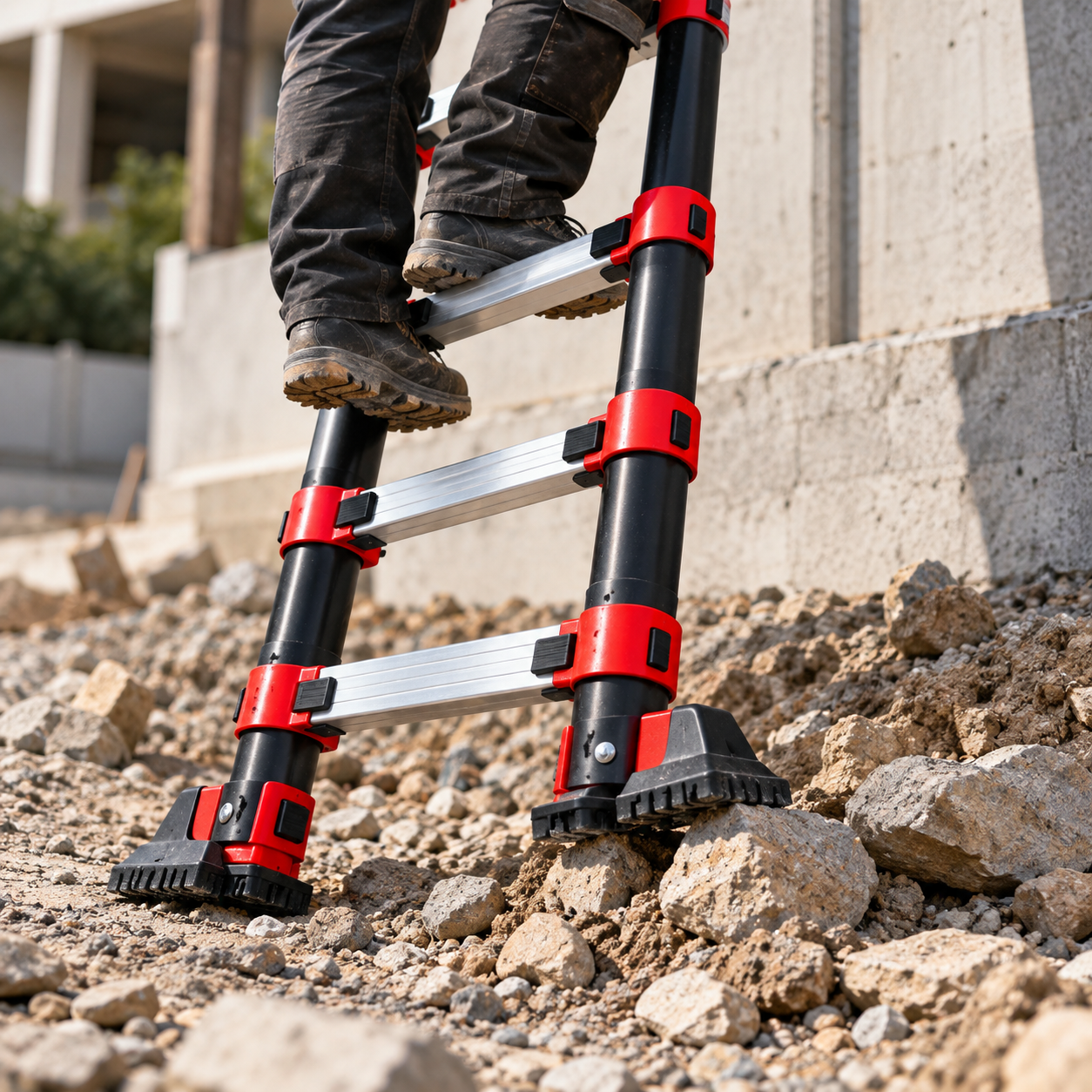 Échelle télescopique StepX utilisée sur un sol instable